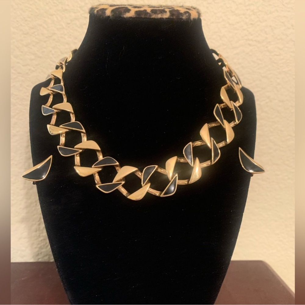 Monet Vintage Gold and Black Chunky Statement Necklace & Earrings set EUC